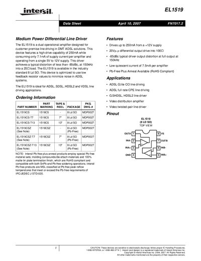 Intersil EL1519 Dual Operational Amplifier Datasheet - cover page
