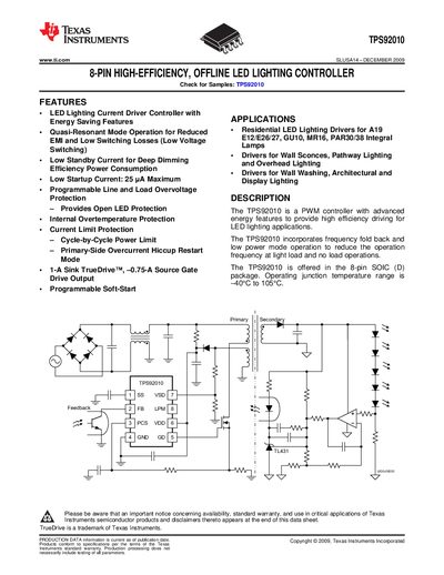 Texas Instruments TPS92010 LED Lighting Controller Datasheet - cover page