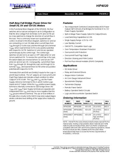 Intersil HIP4020 Half Amp Full Bridge Power Driver Datasheet - cover page