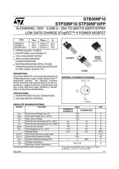 STMicroelectronics STB30NF10 / STP30NF10 / STP30NF10FP Datasheet - cover page