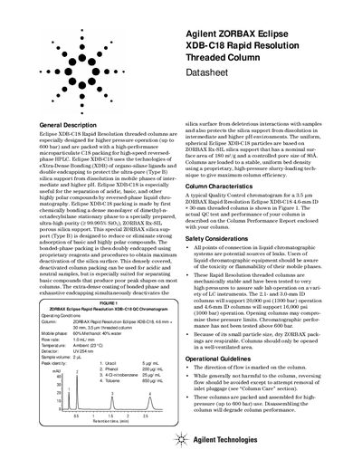 Agilent ZORBAX Eclipse XDB-C18 Rapid Resolution Threaded Column Datasheet - cover page