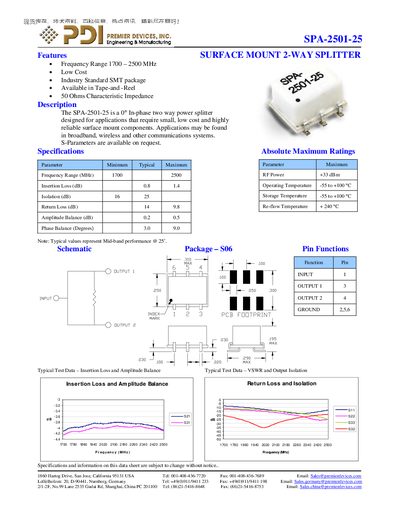Premier Devices SPA-2501-25 Surface Mount 2-Way Splitter Datasheet - cover page