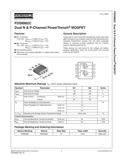 Fairchild FDS8962C Dual N & P-Channel MOSFET Datasheet - cover page