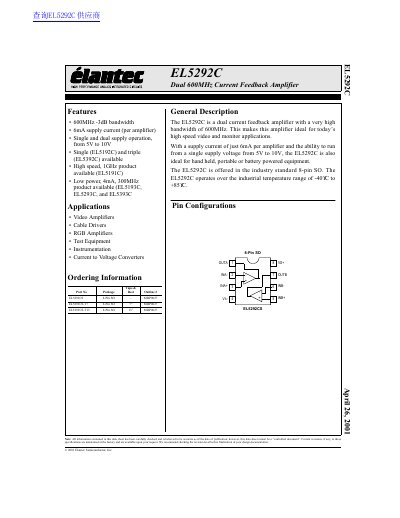 Elantec EL5292C Dual Current Feedback Amplifier Datasheet - cover page