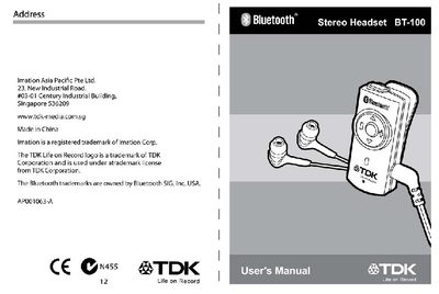 TDK BT-100 Bluetooth Stereo Headset User Manual - cover page