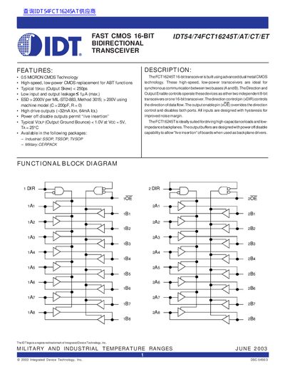 IDT IDT54/74FCT16245T/AT/CT/ET Fast CMOS 16-Bit Bidirectional Transceiver Datasheet - cover page
