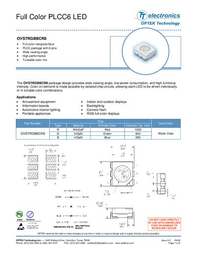 OPTEK OVSTRGBBCR8 Full Color PLCC6 LED Datasheet - cover page