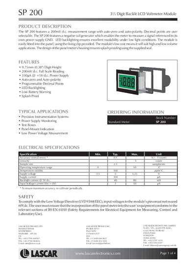 Lascar SP200 3½‑Digit Backlit LCD Voltmeter Module Manual - cover page