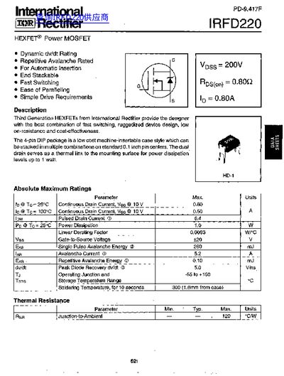 International Rectifier IRFD220 Power MOSFET Data Sheet - cover page