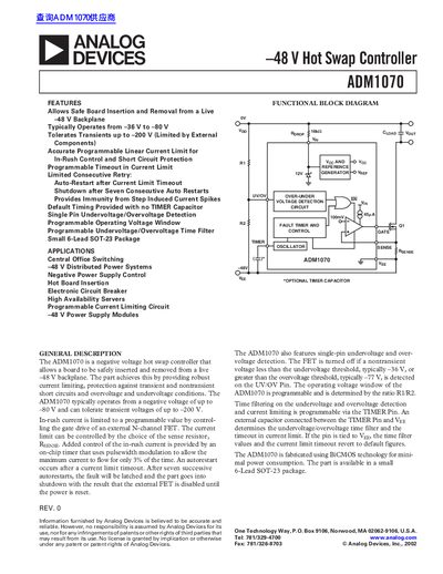 Analog Devices ADM1070 -48 V Hot Swap Controller Datasheet