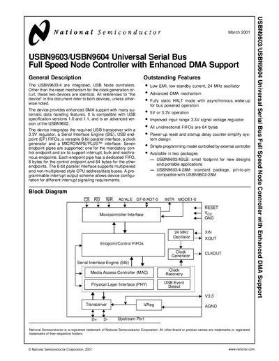 National Semiconductor USBN9603/USBN9604 USB Node Controller Manual - cover page