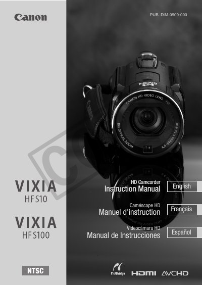 Canon VIXIA HF S10 / HF S100 Camcorder User Manual - cover page