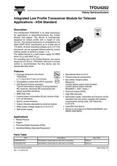 Vishay TFDU4202 Integrated Low Profile Transceiver Module Datasheet - cover page