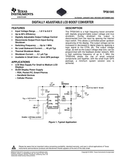 Texas Instruments TPS61045 Digitally Adjustable LCD Boost Converter Datasheet - cover page