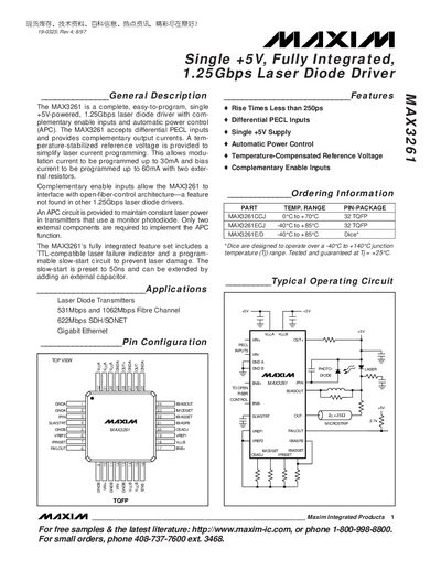 MAXIM MAX3261 Single +5V Fully Integrated 1.25Gbps Laser Diode Driver Manual - cover page
