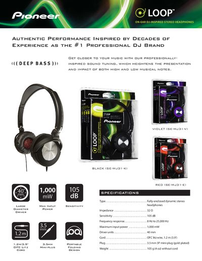 Pioneer SE-MJ31 Loop On-Ear Stereo Headphones Product Leaflet - cover page