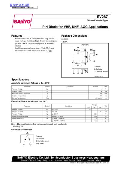 SANYO 1SV267 Silicon Epitaxial Type PIN Diode Datasheet - cover page