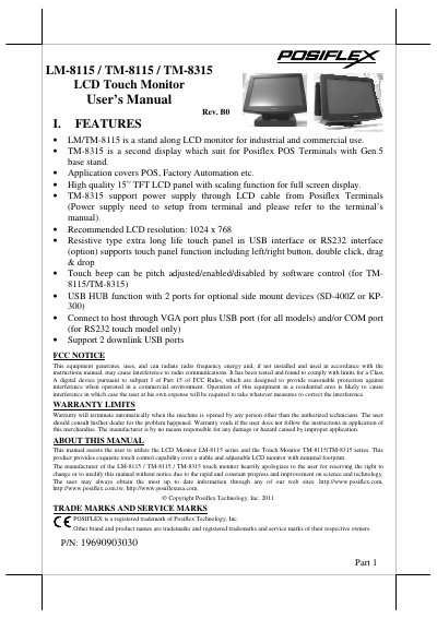 POSIFLEX M-8115 TM-8115 TM-8315 LCD Touch Monitor User Manual Rev. B0 - cover page