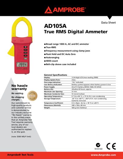 Amprobe AD105A True RMS Digital Ammeter Data Sheet - cover page