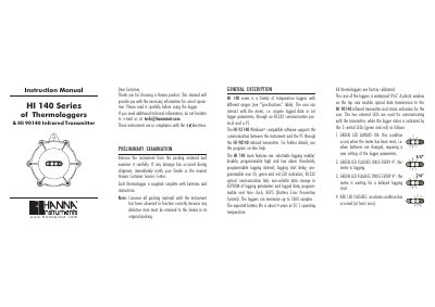 Hanna Instruments HI 140 Series Thermologgers & HI 90140 Infrared Transmitter Instruction Manual - cover page