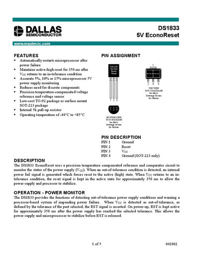 Dallas DS1833 5V EconoReset Datasheet - cover page