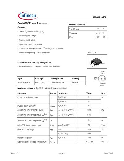 Infineon IPB60R165CP CoolMOS Power Transistor Datasheet - cover page