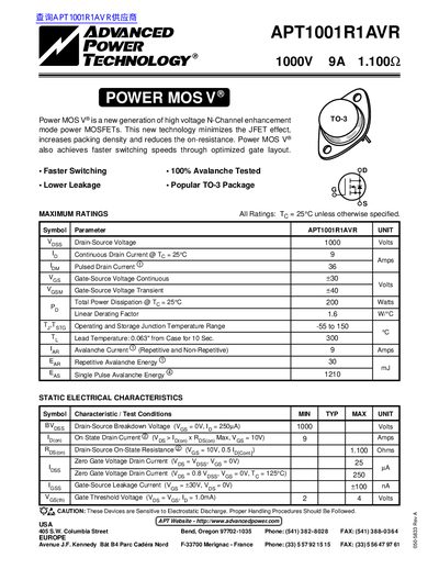 Advanced APT1001R1AVR Power MOSFET Datasheet - cover page