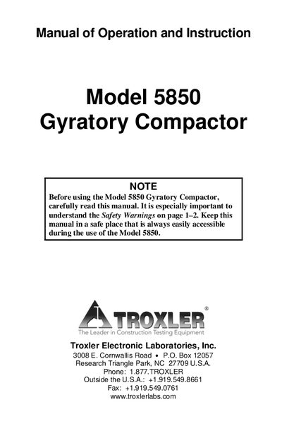 Troxler Model 5850 Gyratory Compactor Operation and Instruction Manual - cover page