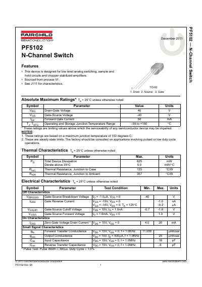 Fairchild Semiconductor PF5102 N-Channel Switch Datasheet - cover page