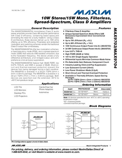 Maxim MAX9703/MAX9704 Audio Amplifier Datasheet