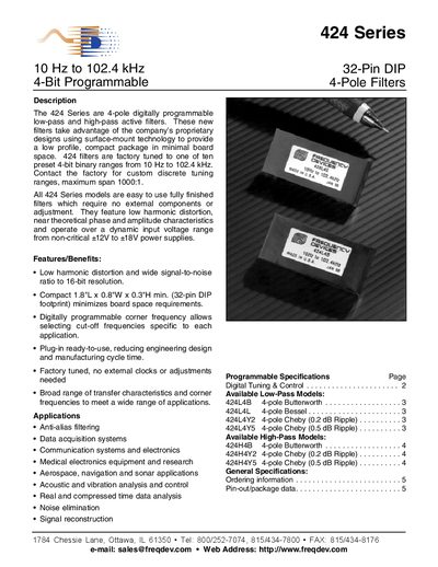 424 Series 32-Pin DIP 4-Pole Filters 10 Hz to 102.4 kHz 4-Bit Programmable - cover page