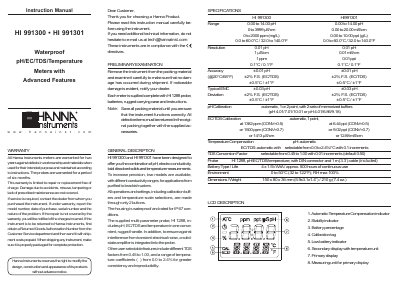 Hanna Instruments HI 991300/991301 Waterproof pH/EC/TDS/Temperature Meters Instruction Manual - cover page