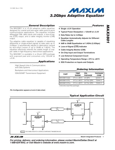 MAX3801 3.2Gbps Adaptive Equalizer Datasheet - cover page