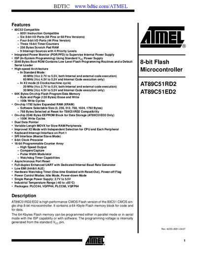 Atmel AT89C51RD2/ED2 Datasheet - cover page