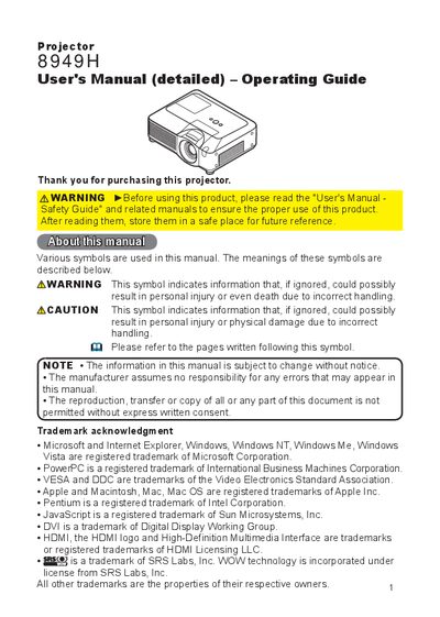 8949H Projector User's Manual - cover page