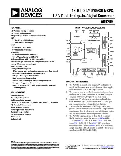 Analog Devices AD9269 16‑Bit ADC Datasheet - cover page