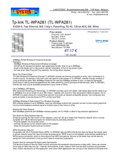 TP-Link TL-WPA281 Powerline Extender Product Leaflet - cover page