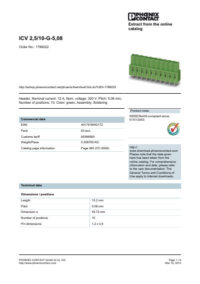 Phoenix Contact ICV 2,5/10-G-5,08 Electrical Connector Datasheet - cover page
