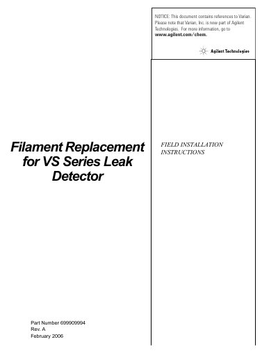 Varian VS Series Leak Detector Filament Replacement Field Installation Instructions - cover page