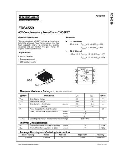 Fairchild FDS4559 Complementary PowerTrench MOSFET Datasheet - cover page