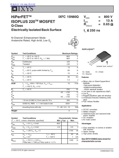 IXYS IXFC 15N80Q MOSFET Datasheet - cover page