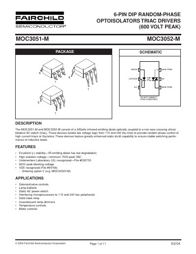 Fairchild MOC3051-M/MOC3052-M Optoisolator Datasheet - cover page