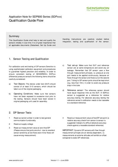Sensirion SDP600 Series Sensor Qualification Guide Flow Application Note - cover page