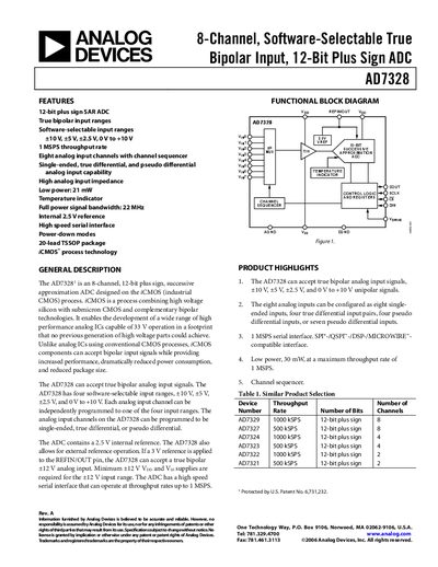 Analog Devices AD7328 8-Channel 12-Bit Plus Sign ADC Datasheet - cover page