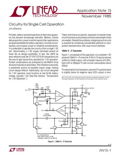 Linear Technology AN15-1 Application Note Circuitry for Single Cell Operation - cover page