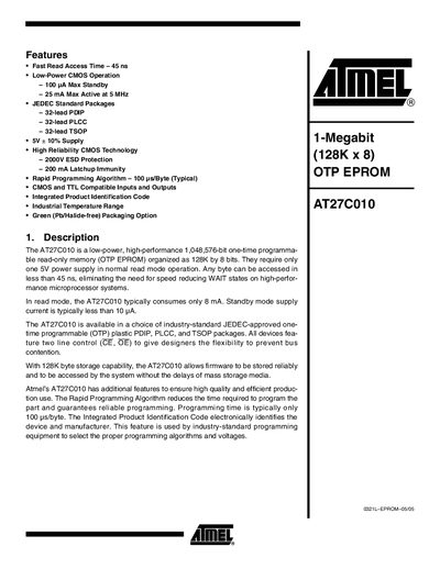 Atmel AT27C010 OTP EPROM Datasheet
