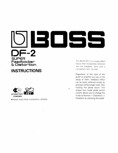 BOSS DF-2 Feedbacker & Distortion Pedal Instructions - cover page