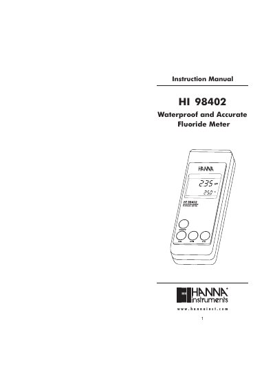 Hanna Instruments HI-98402 Fluoride Meter Instruction Manual - cover page