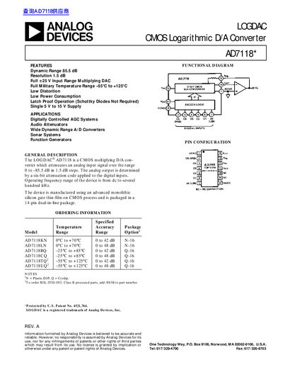 Analog Devices AD7118 Logarithmic D/A Converter Datasheet