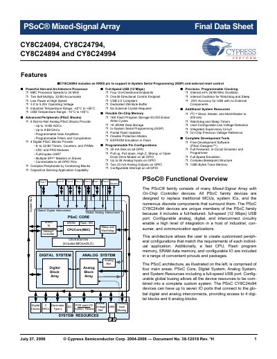 CYPRESS SEMICONDUCTOR CY8C24094 CY8C24794 CY8C24894 CY8C24994 PSoC Mixed-Signal Array handbook - cover page